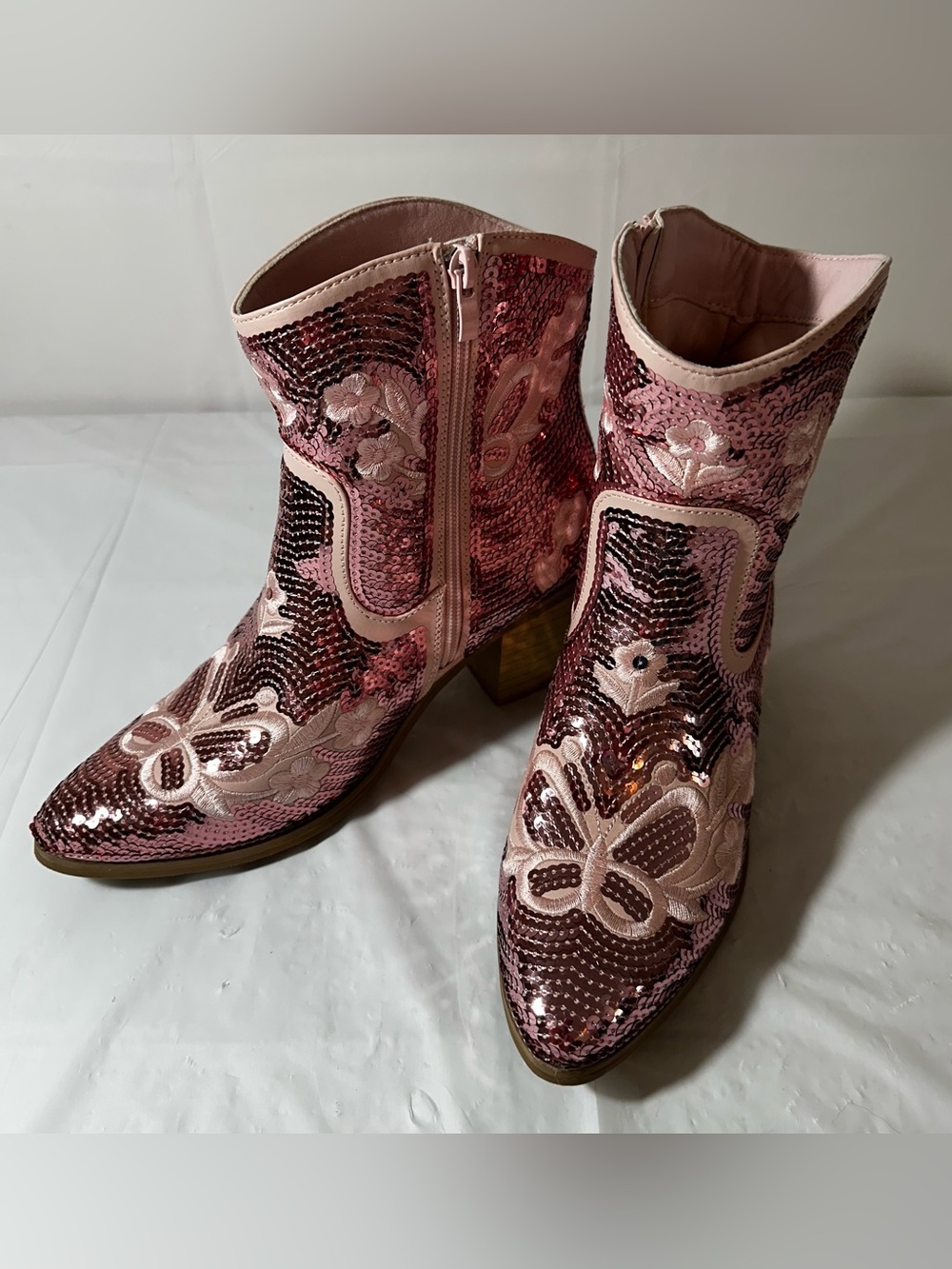 Pink Unique Sequin Western Ankle Boots for Women 8.5